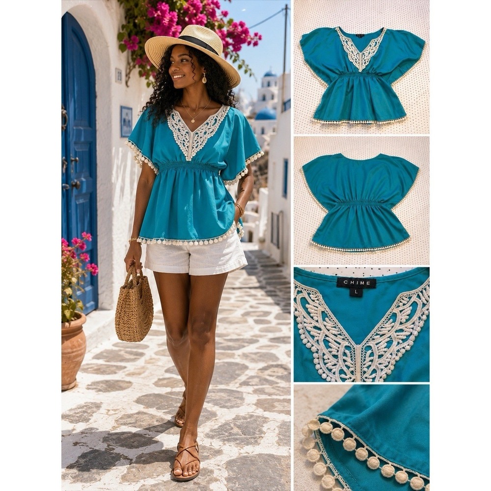 Chime Turquoise Boho Flutter Sleeve Blouse White Crochet Lace Pom Trim Women's L
